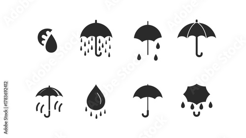 Vector pack of rain icons and raindrops on white background