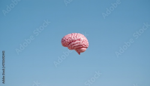 Conceptual shot pink brain floating alone against clear blue sky evoking thoughtful introspection and the boundless nature of human intelligence