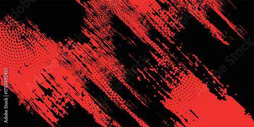 Black and Red Grunge Brush Art Background with Halftone Effect