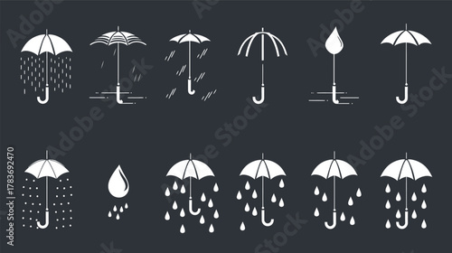 Vector pack of rain icons and raindrops on white background