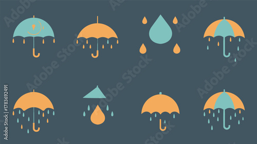 Vector pack of rain icons and raindrops on white background