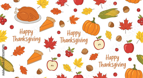 Happy thanksgiving seamless pattern with autumn leaves pumpkins turkey pie corn apples and nuts