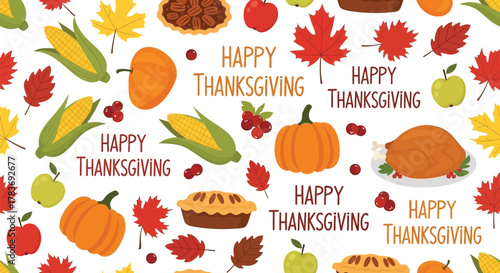 Happy thanksgiving seamless pattern featuring a festive arrangement of autumn harvest foods and colorful fall leaves