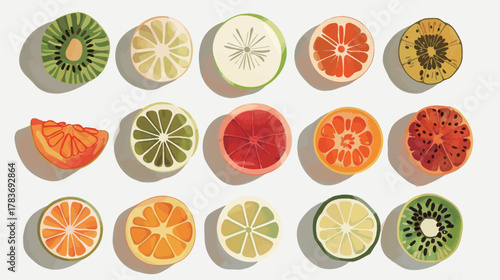 Fruit slices set in neat grid with pastel shadows, minimal flat lay design