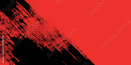 Black and Red Grunge Brush Art Background with Halftone Effect
