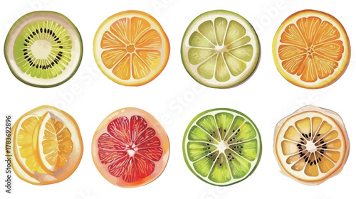 Fruit slices set in neat grid with pastel shadows, minimal flat lay design