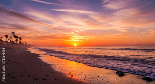 Fototapeta Naklejka Na Ścianę i Meble -  Colorful Beach Sunset with Gentle Ocean Waves and Palm Trees Along the Shore