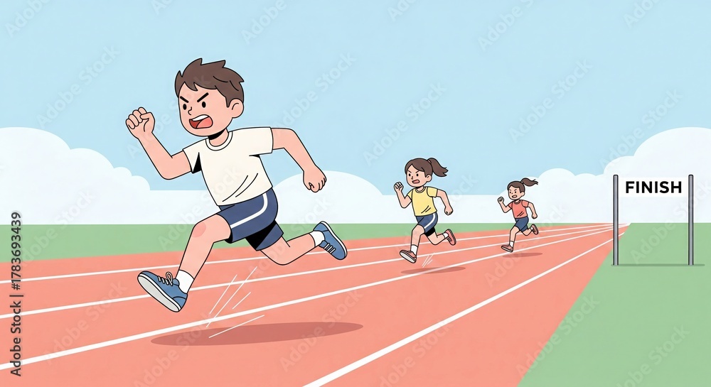 Obraz premium Children Running on Track Field. Flat Vector Sports Illustration.