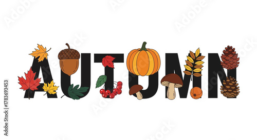Decorative autumn text with seasonal elements like pumpkins acorns leaves mushrooms and pine cones