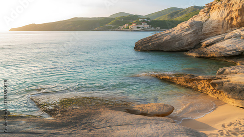 Fototapeta Naklejka Na Ścianę i Meble -  Turquoise water laps a sandy beach with rocky cliffs and distant village ocean coast