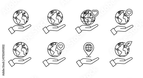 Collection of modern outline style icons featuring a hand holding the Earth or Globe, symbolizing care, love, location, and environmental protection, perfect for design, cards, apps, and social