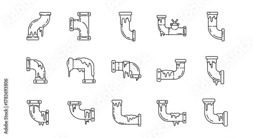Set of minimalistic outline icons representing frozen pipes with dripping icicles, suitable for web and graphic design, apps, banners, social networks, and cards. This vector cartoon illustration