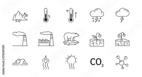 Global warming minimalistic line icons set, representing melting glaciers, rising temperatures, extreme weather, industrial pollution, polar bear on ice floe, drought, CO2 emissions, and molecular