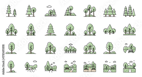 Collection of stylized, outline vector illustrations depicting various trees, forests, and park scenes with benches and pathways, perfect for web design, book illustrations, cards, and app graphics