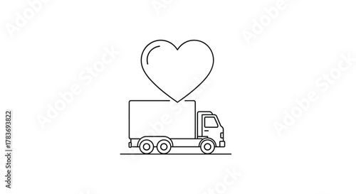 Isolated line art icon of a delivery truck with a large heart symbol above its cargo area, symbolizing love, care, and affection in logistics and delivery services, perfect for apps and graphic