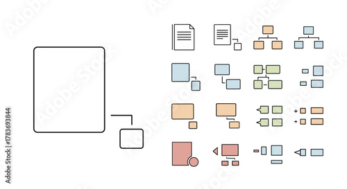 Collection of simple linear hierarchy and organizational chart outline icons with editable strokes, suitable for web, books, cards, and apps, presented as vector cartoon illustrations on a white