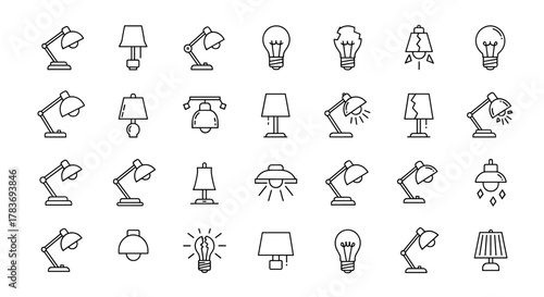 A comprehensive collection of line art icons featuring various types of lamps and light bulbs, including desk lamps, table lamps, pendant lights, and broken bulbs, presented in a clean, modern