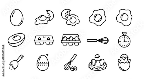Collection of outline icons representing eggs and related cooking elements, perfect for infographics, articles, books, flyers, and banners. Includes whole eggs, cracked eggs, fried eggs, egg cartons