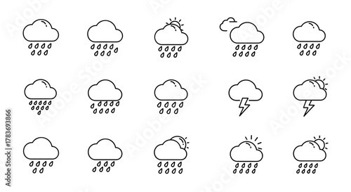 Collection of linear outline icons representing various weather conditions including rain, thunderstorms, and partly cloudy skies with sun, perfect for graphic and web design, apps, adverts, and