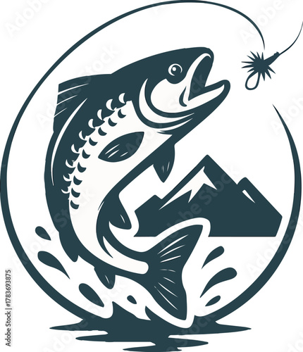 Fishing Concept Vector Monochrome Leaping Trout with Fly in Minimal Style
