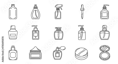 Collection of cosmetic bottles and containers in a clean, minimalist line art style, perfect for graphic design, app icons, and web elements. Includes various types like spray bottles, pump