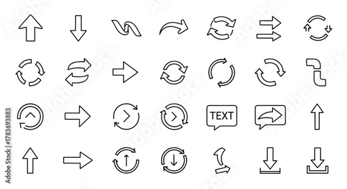 A comprehensive collection of 30 unique arrow icons in a clean, modern outline style, perfect for graphic design, web development, app interfaces, and digital advertising, featuring directional