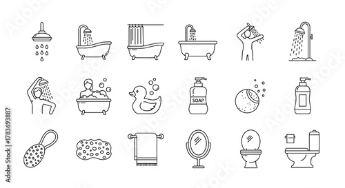 Collection of Shower and Bathtub Related Line Icons, Outline Signs for Graphic and Web Design, Apps, Advertisements, Various Cards, Vector Cartoon Illustration with a Clean and Modern Aesthetic