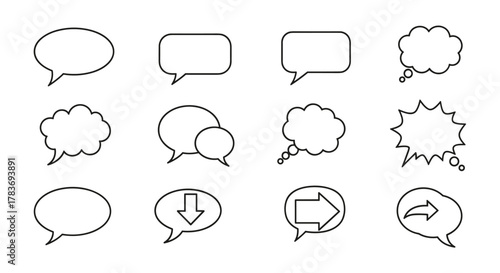 A collection of twelve diverse, minimalistic linear speech bubble icons, including standard shapes, cloud-like thought bubbles, and directional arrows, perfect for web design, app interfaces, social