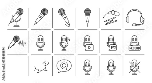 Set of microphone-related line icons, outline signs for graphic and web design, apps, adverts, various cards, vector cartoon illustration. Includes microphones on stands, with sound waves, music