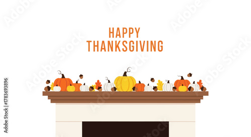 Happy thanksgiving greeting with a decorative arrangement of pumpkins acorns and autumn leaves on a mantelpiece
