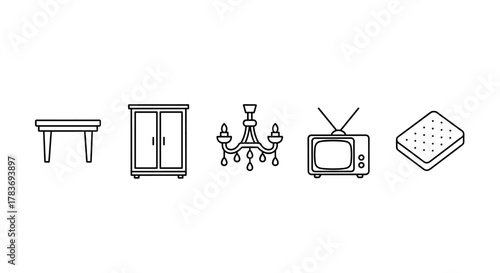 A clean, minimalist vector outline collection featuring essential home furniture and electronics: a simple table, a double-door closet, a classic chandelier, an old-fashioned television set with an