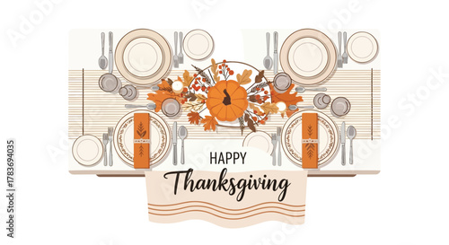 Festive thanksgiving table setting with pumpkin centerpiece and autumn leaves ready for a holiday meal