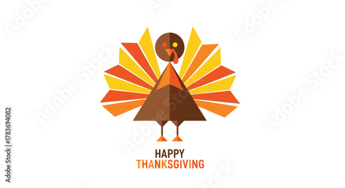 Cute geometric turkey with colorful fanned tail feathers and happy thanksgiving text on a white background