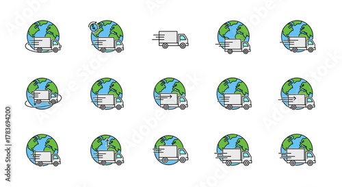 Set of minimalistic thin line icons depicting a delivery truck in motion around the planet Earth, symbolizing global logistics, e-commerce, and worldwide shipping services. Perfect for web, app