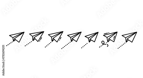 A line icon set of paper airplanes in motion, depicted with dotted trails, against a clean white background, symbolizing communication, travel, and ideas, with one airplane deviating slightly from