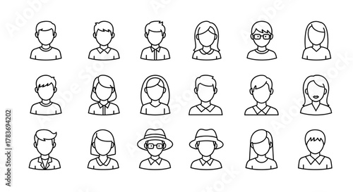 Collection of simple, isolated line icons representing male and female user avatars, suitable for web, books, cards, and apps, featuring editable strokes and a cartoon illustration style, perfect for