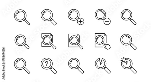 Set of minimalistic linear magnifying glass icons for web and graphic design, apps, banners, social networks, and cards. Includes icons for zoom in, zoom out, search on document, click, question