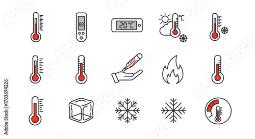 Set of minimalistic linear icons representing temperature and thermometers, including digital and analog devices, hot and cold symbols, snowflakes, ice cubes, and fire, suitable for web, graphic