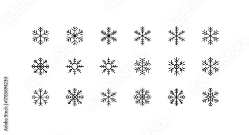 Set of minimalistic linear snowflake icons with editable stroke, perfect for winter-themed designs, cards, apps, banners, and social media posts. This vector cartoon illustration features a