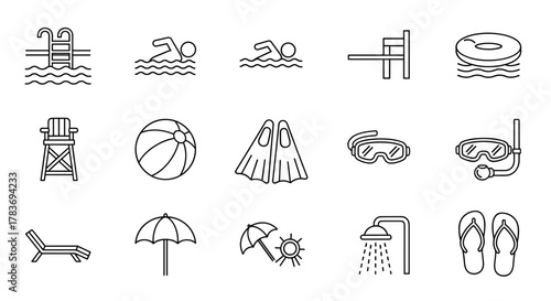 Set of minimalistic linear icons representing swimming pool activities and accessories, including a pool with ladder, swimmers, diving board, inflatable ring, lifeguard chair, beach ball, flippers