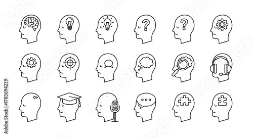 Set of Various Items in Head Related Line Icons: Outline Signs for Graphic and Web Design, Apps, Advertisements, Various Cards, Vector Cartoon Illustration. This collection features diverse symbols