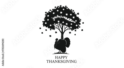 Silhouette of a thanksgiving turkey standing under a tree with falling autumn leaves and the words happy thanksgiving