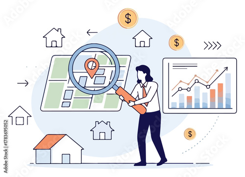 Strategic Real Estate Market Analysis Character Examining Property Locations, Financial Growth, and Investment Opportunities with a Magnifying Glass