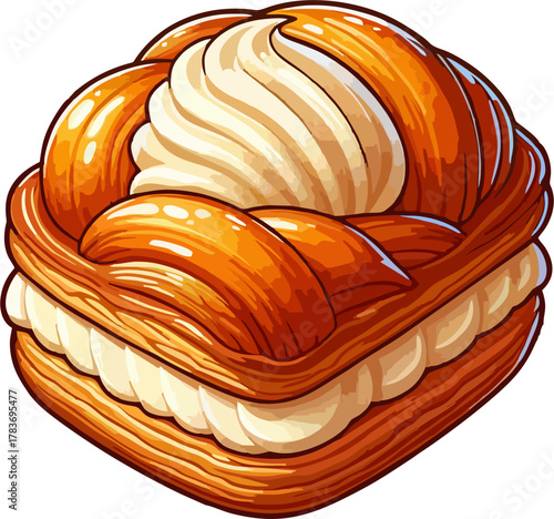 Square Cream Puff Pastry with Mascarpone Cream Vector Illustration