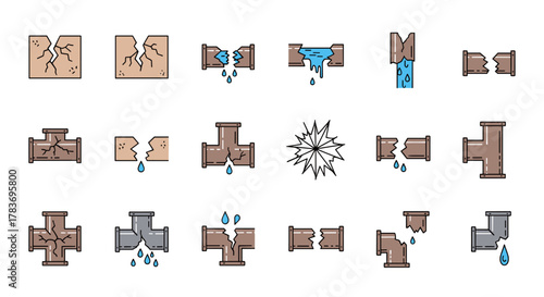 Set of vector cartoon illustrations depicting broken pipes and cracked ground with water leaks, perfect for web, books, cards, and apps, featuring editable strokes and a clean white background for