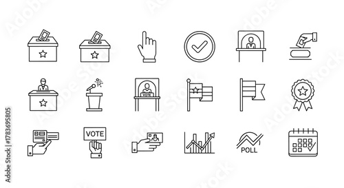 Collection of Election Signs and Symbols, Drawn with Thin Line Art for Apps, Websites, Banners, Infographics, and Other Design Projects. Vector Cartoon Illustration Featuring Voting Boxes, Ballot
