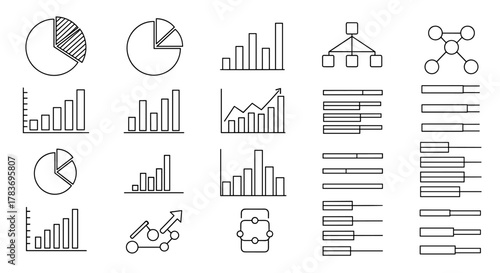Collection of outline vector graphics featuring various data visualization elements like pie charts, bar graphs, progress bars, flowcharts, and network diagrams, perfect for infographics, reports