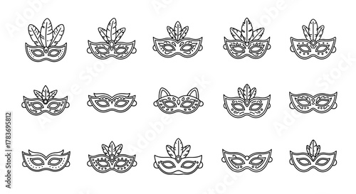 Collection of fifteen diverse carnival masks in a clean, minimalist line art style, perfect for UI elements, placards, books, and apps. Each mask features intricate details like feathers and