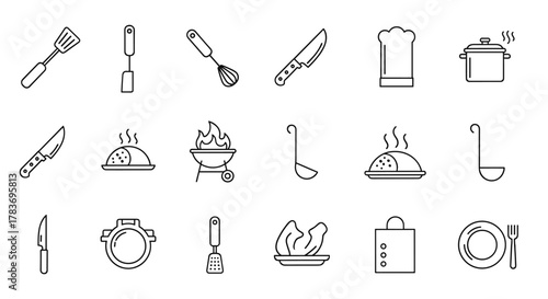 Set of simple linear illustrations for cooking and food preparation, featuring essential kitchen utensils, barbecue grill, chef's hat, steaming dishes, ladles, knives, and a plate with cutlery