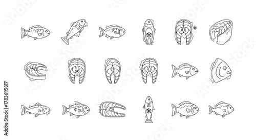 Set of minimalistic thin line icons depicting various fish and fish steaks, including whole fish, cross-sections, and a frozen fish with a snowflake, suitable for web, graphic design, apps, banners
